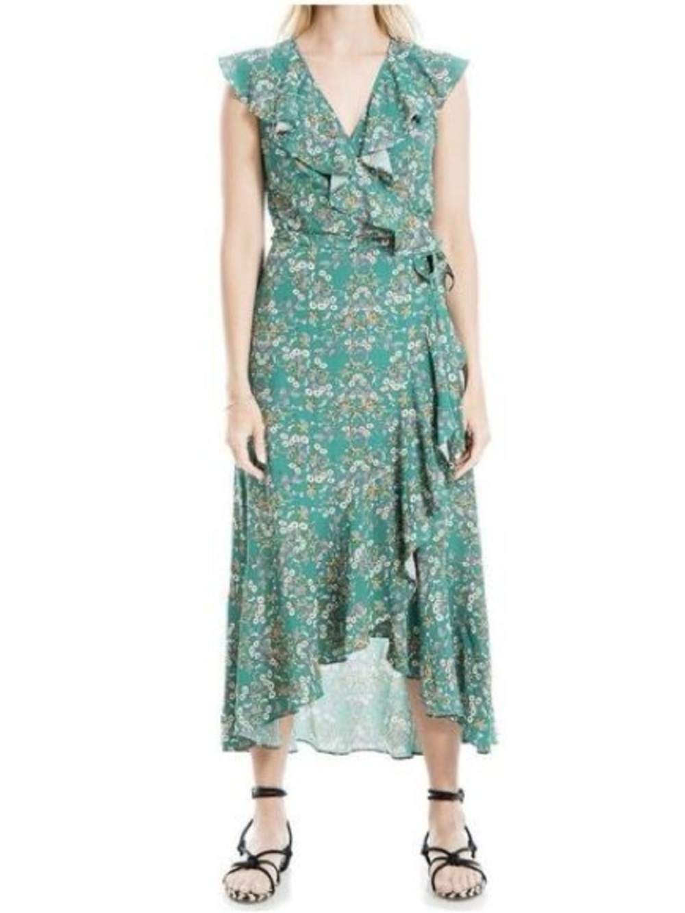 Max Studio Green Floral Ruffle Wrap Midi Dress
